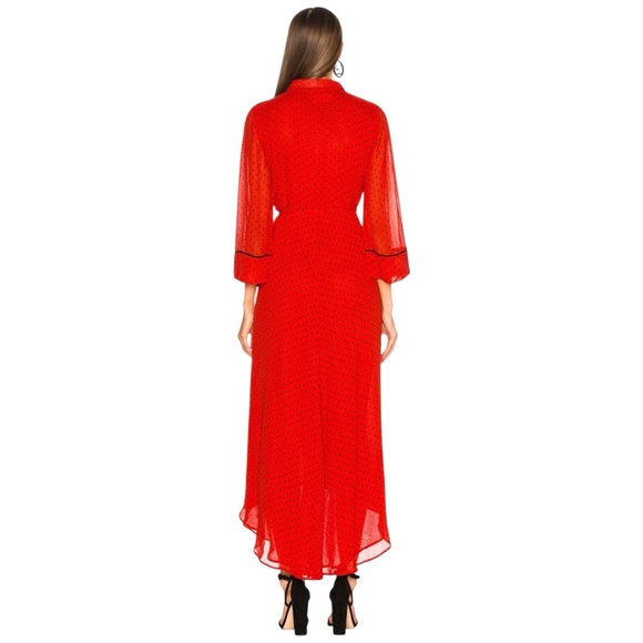 GANNI Mullin Georgette Red Aymmetric Polka Dot Long Sleeve Wrap Midi Maxi Dress - Picture 4 of 16